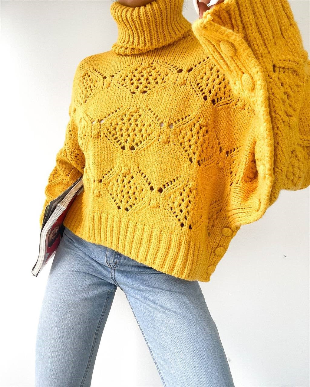 Yellow Button Detail Turtleneck Sweater - Marvy Fashion Boutique