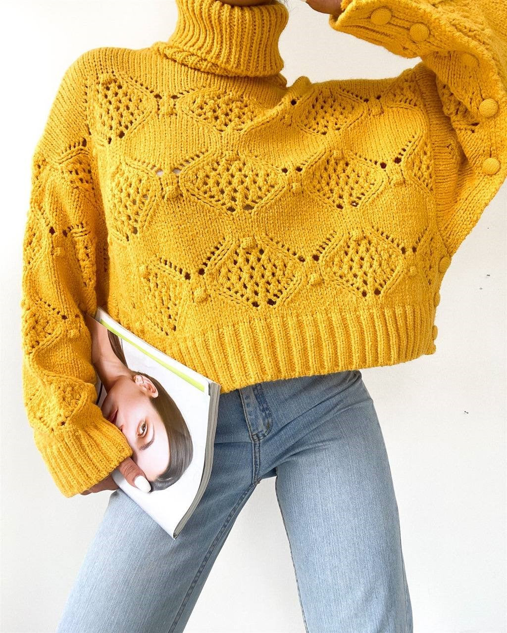 Yellow Button Detail Turtleneck Sweater - Marvy Fashion Boutique