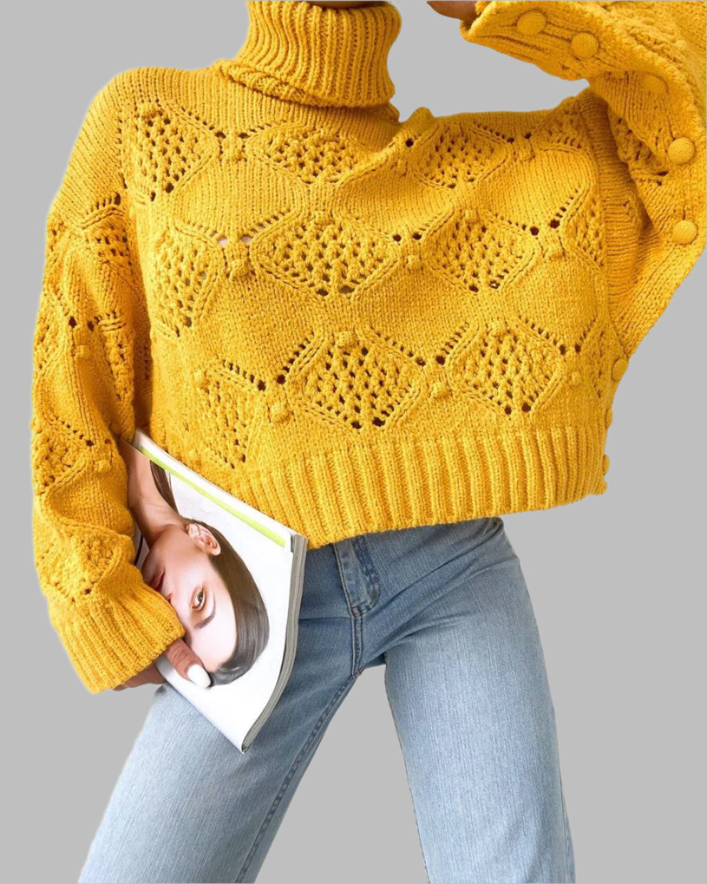 Yellow Button Detail Turtleneck Sweater - Marvy Fashion Boutique